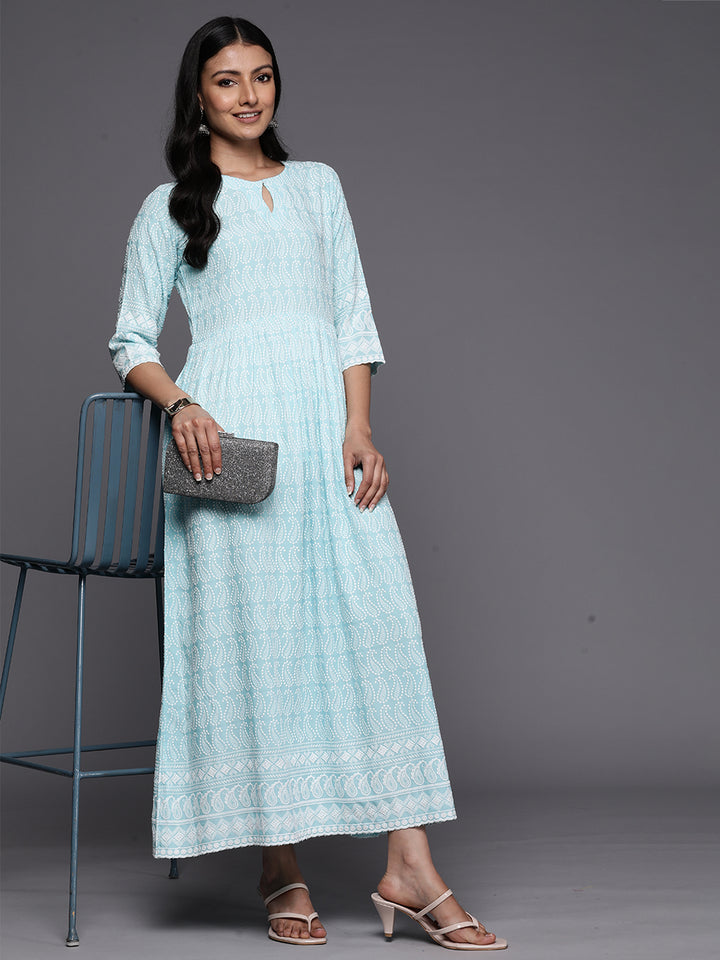 Blue Embroidered Rayon Fit and Flare Dress