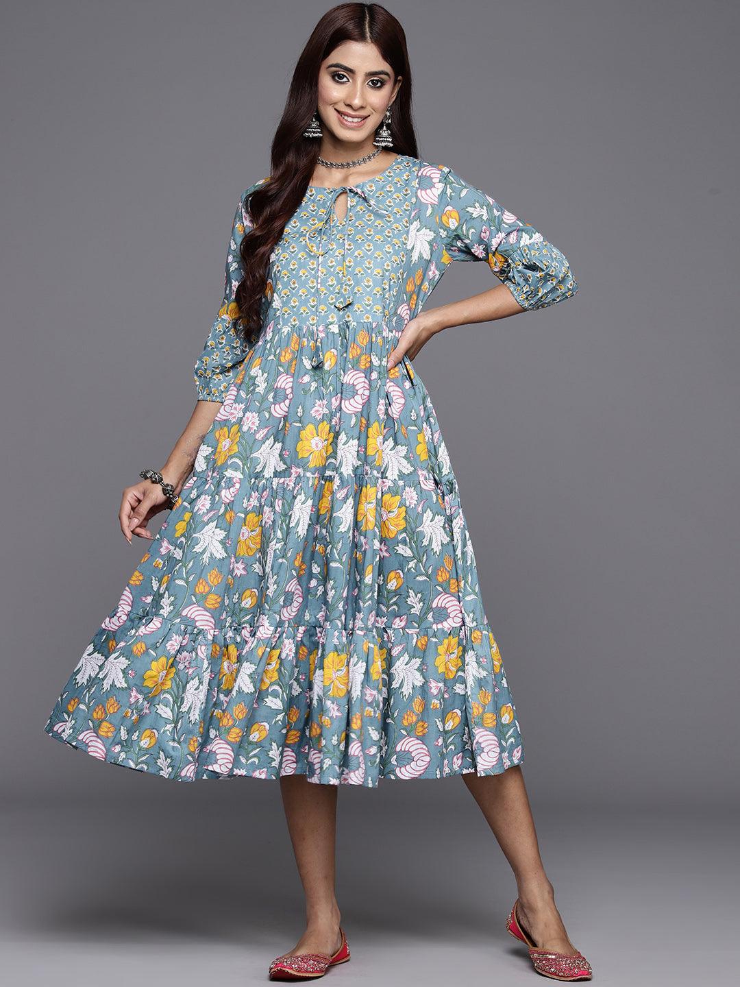 Blue Printed Cotton Fit and Flare Dress