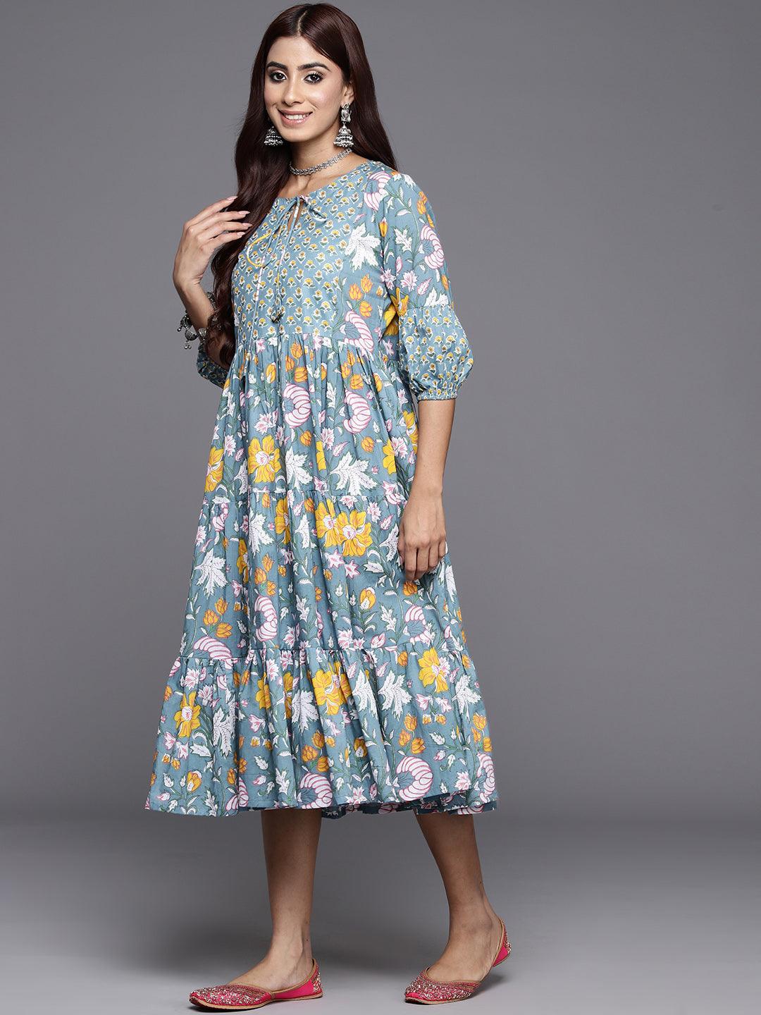 Blue Printed Cotton Fit and Flare Dress