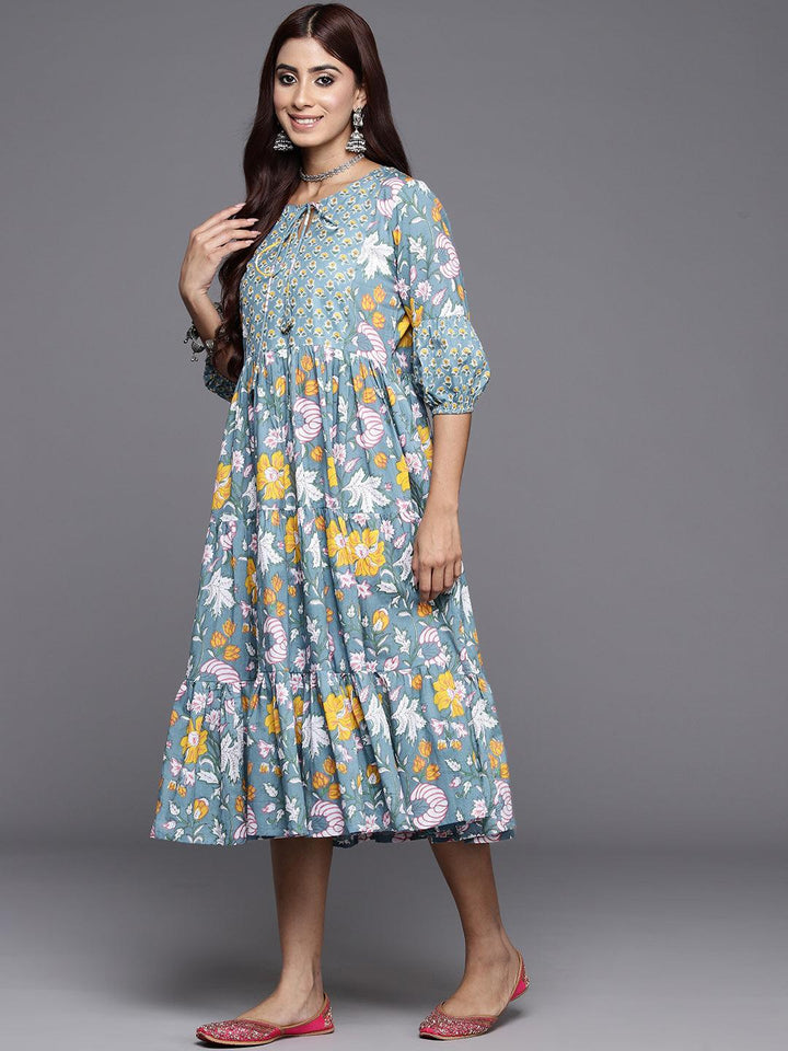 Blue Printed Cotton Fit and Flare Dress - ShopLibas