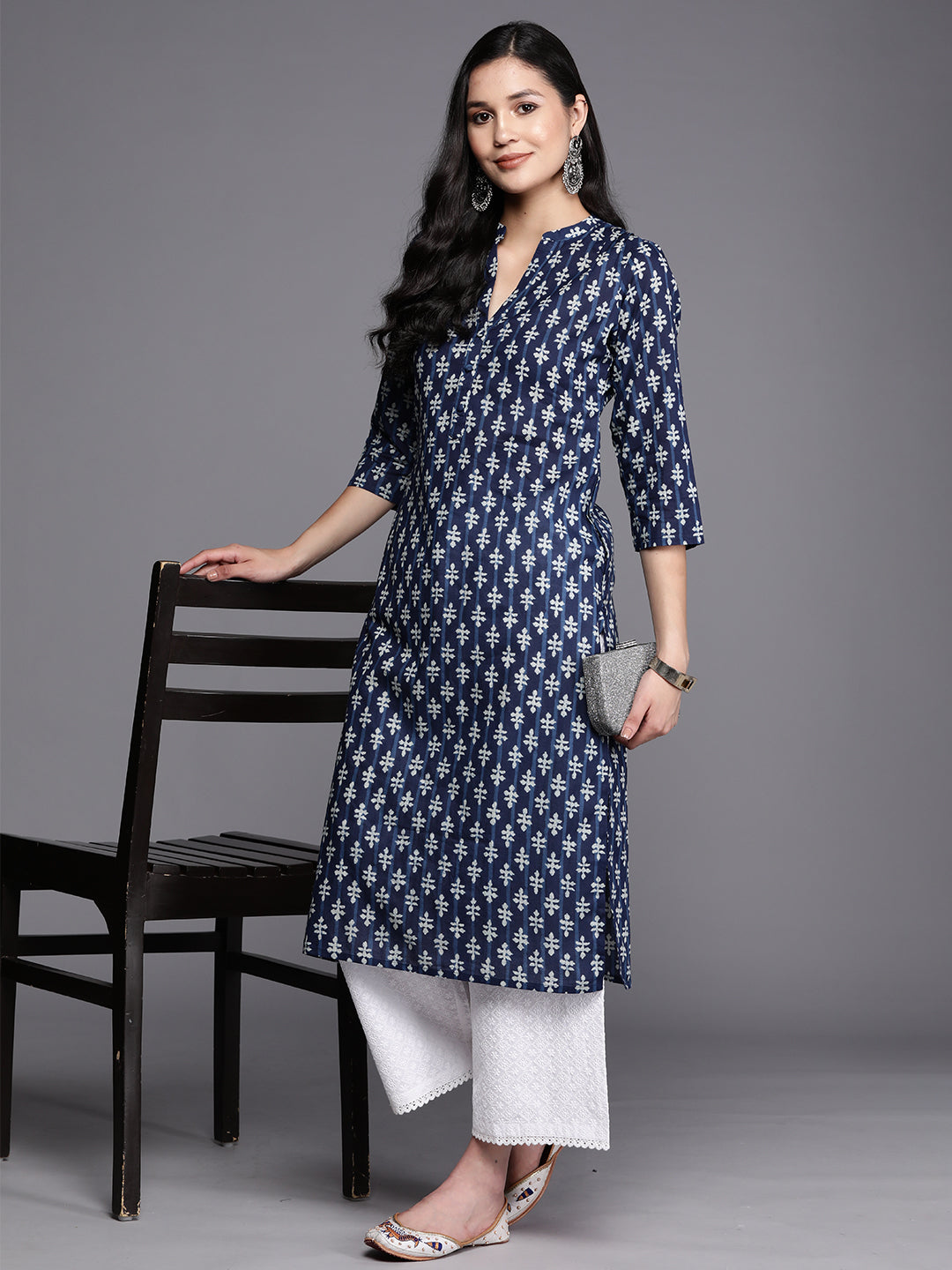 Blue Printed Cotton Straight Kurta