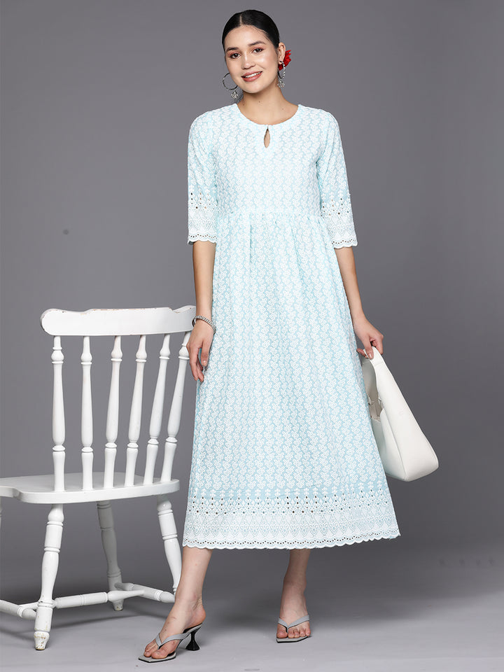 Blue Embroidered Cotton Fit and Flare Dress