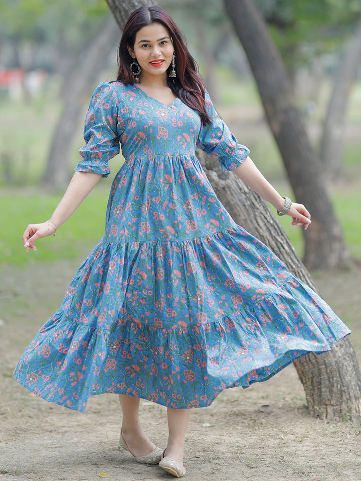 Blue Printed Cotton Fit and Flare Dress