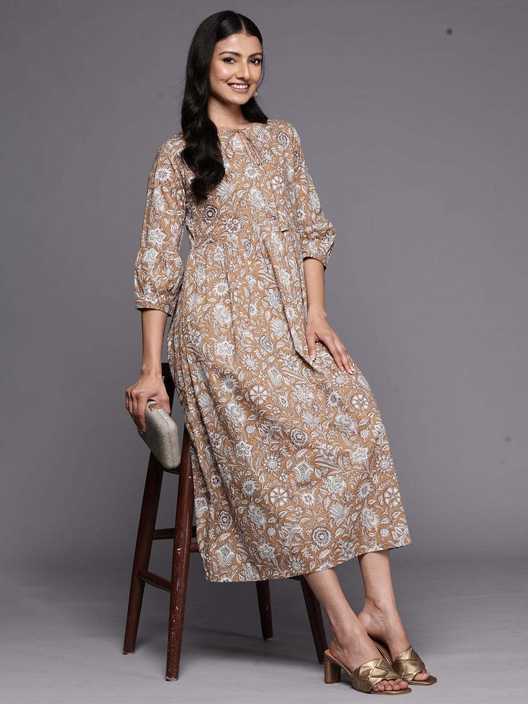 Camel Brown Printed Cotton Empire Dress - ShopLibas