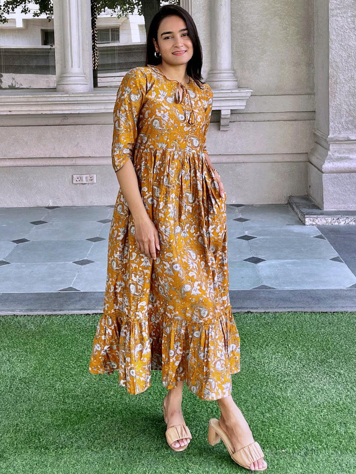 Mustard Printed Silk Fit and Flare Dress - ShopLibas