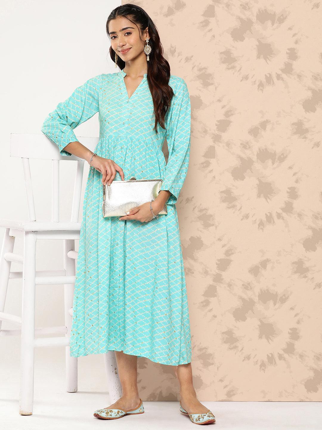 Sea Green Printed Rayon Fit and Flare Dress - ShopLibas