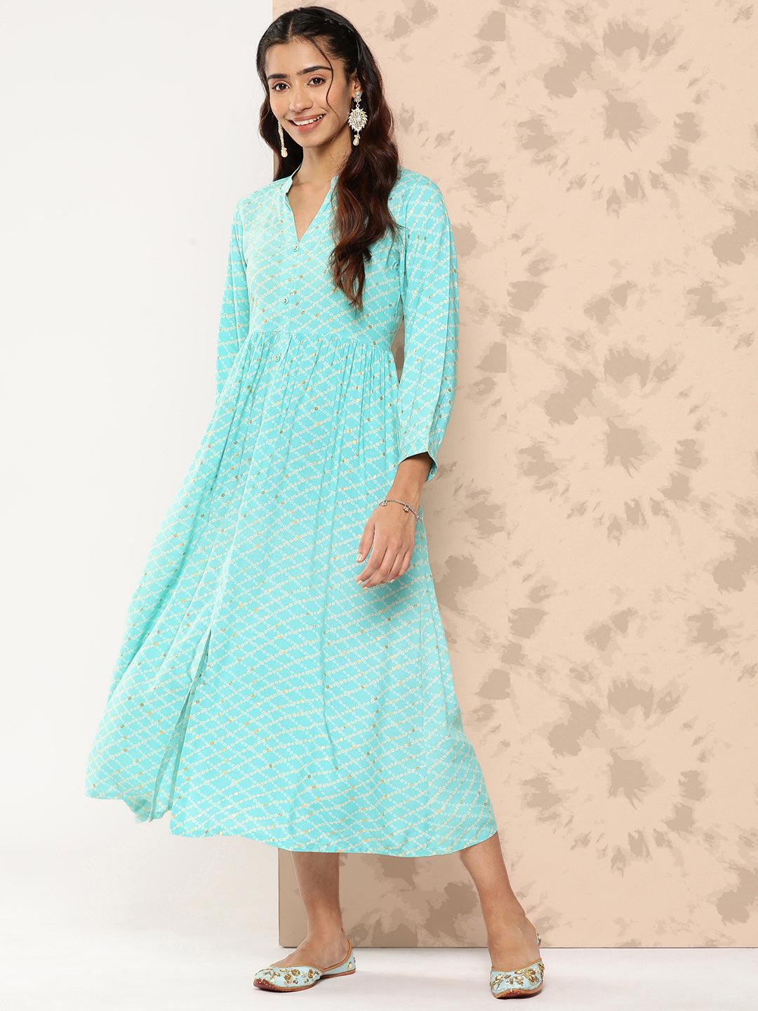 Sea Green Printed Rayon Fit and Flare Dress - ShopLibas