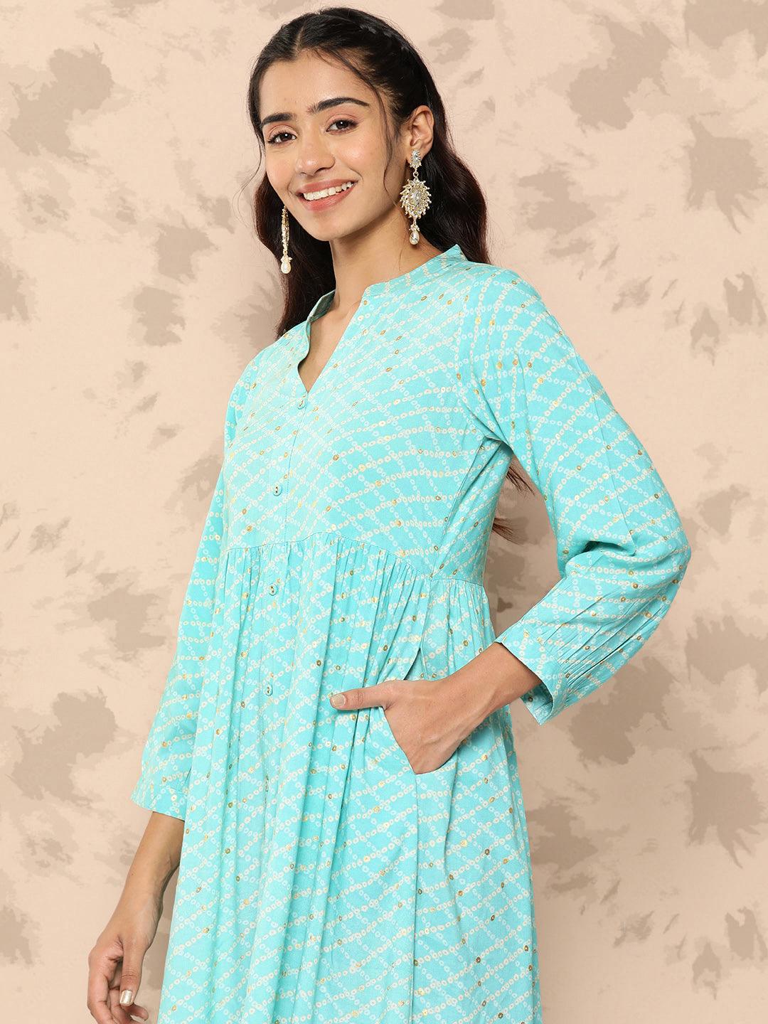 Sea Green Printed Rayon Fit and Flare Dress - ShopLibas