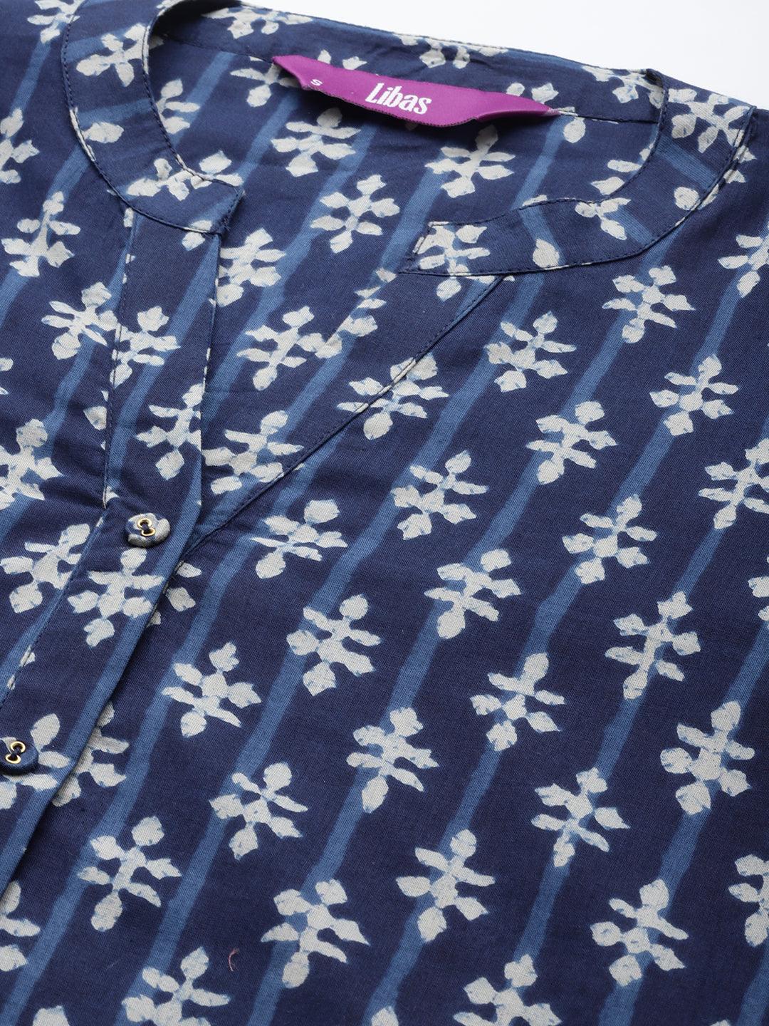 Blue Printed Cotton Straight Kurta