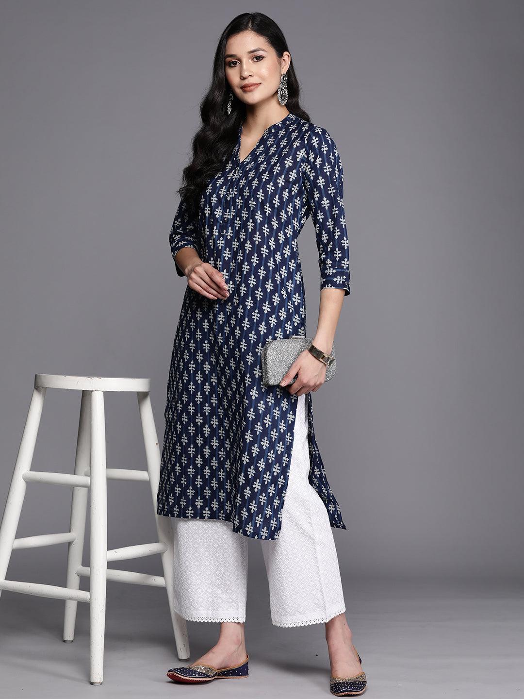 Blue Printed Cotton Straight Kurta