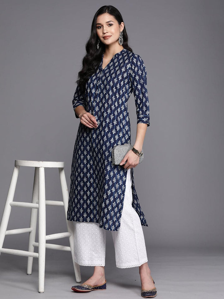 Blue Printed Cotton Straight Kurta - ShopLibas