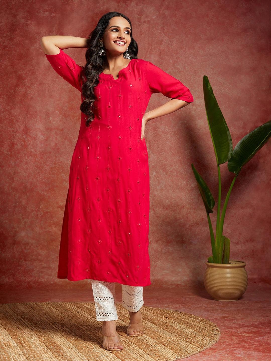 Pink Embroidered Rayon Straight Kurta