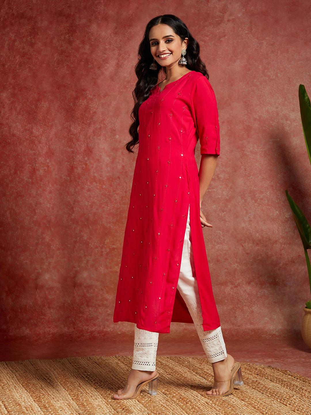 Pink Embroidered Rayon Straight Kurta