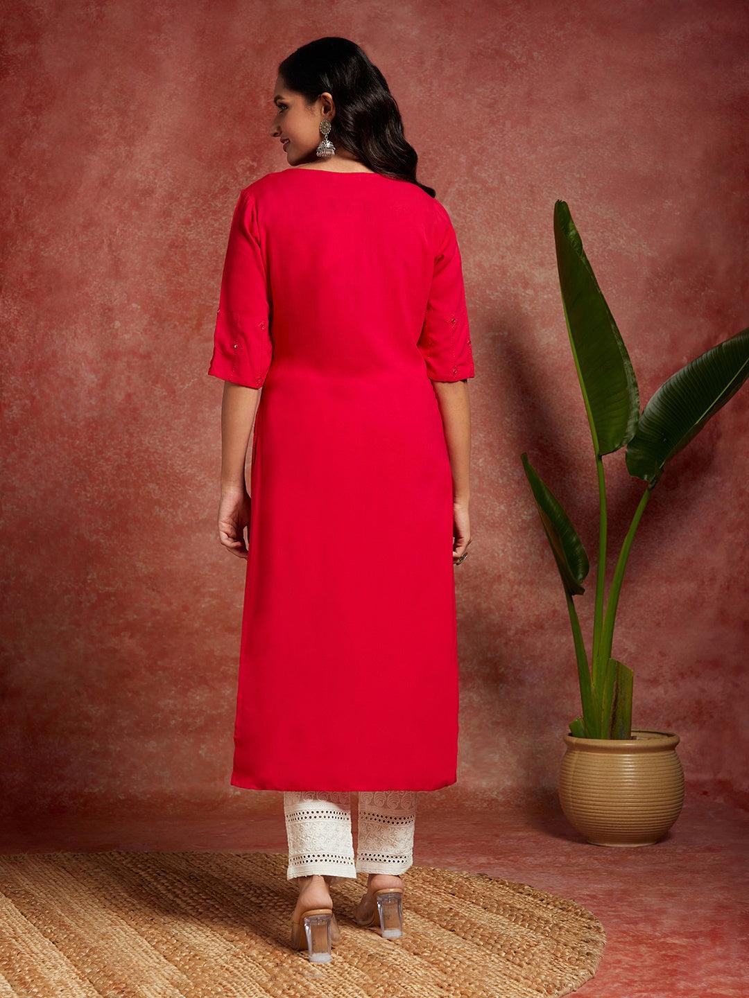 Pink Embroidered Rayon Straight Kurta