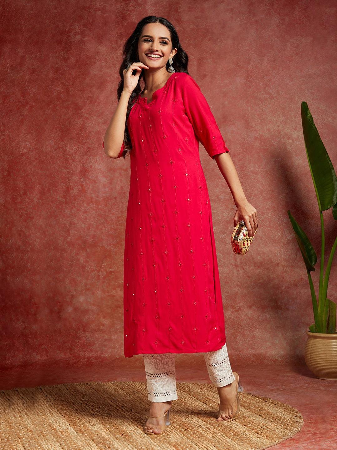 Pink Embroidered Rayon Straight Kurta