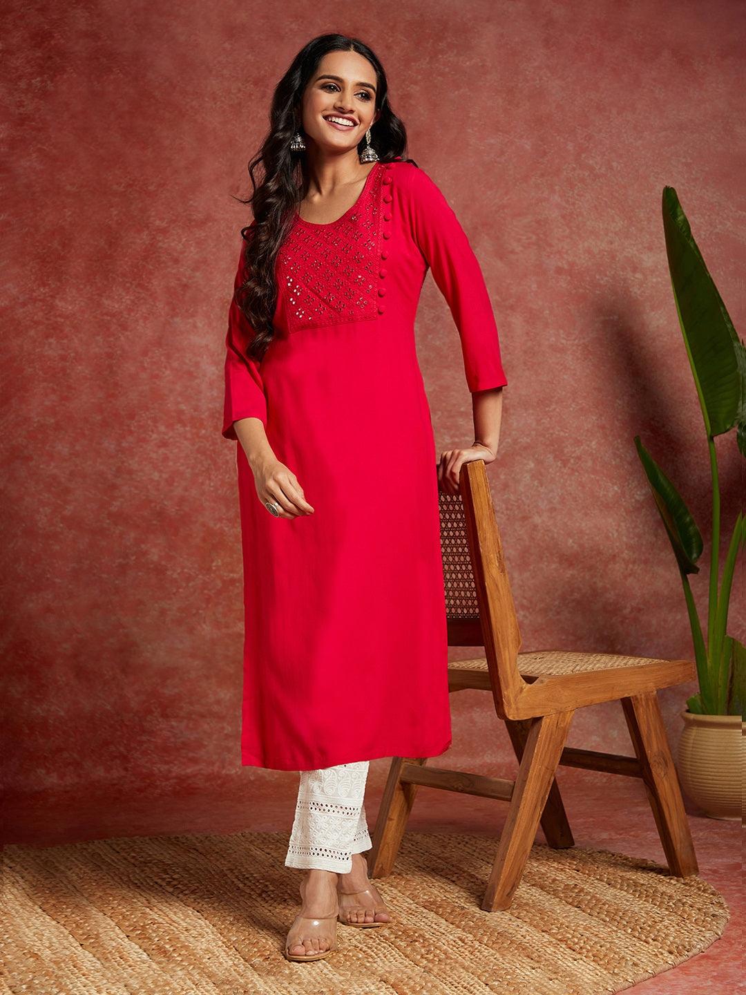 Pink Yoke Design Rayon Straight Kurta