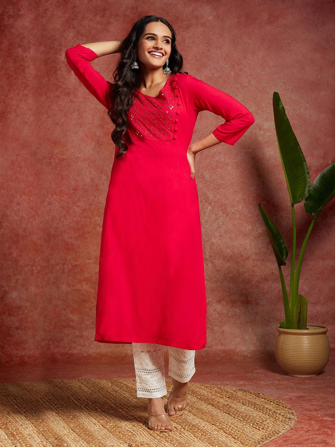 Pink Yoke Design Rayon Straight Kurta