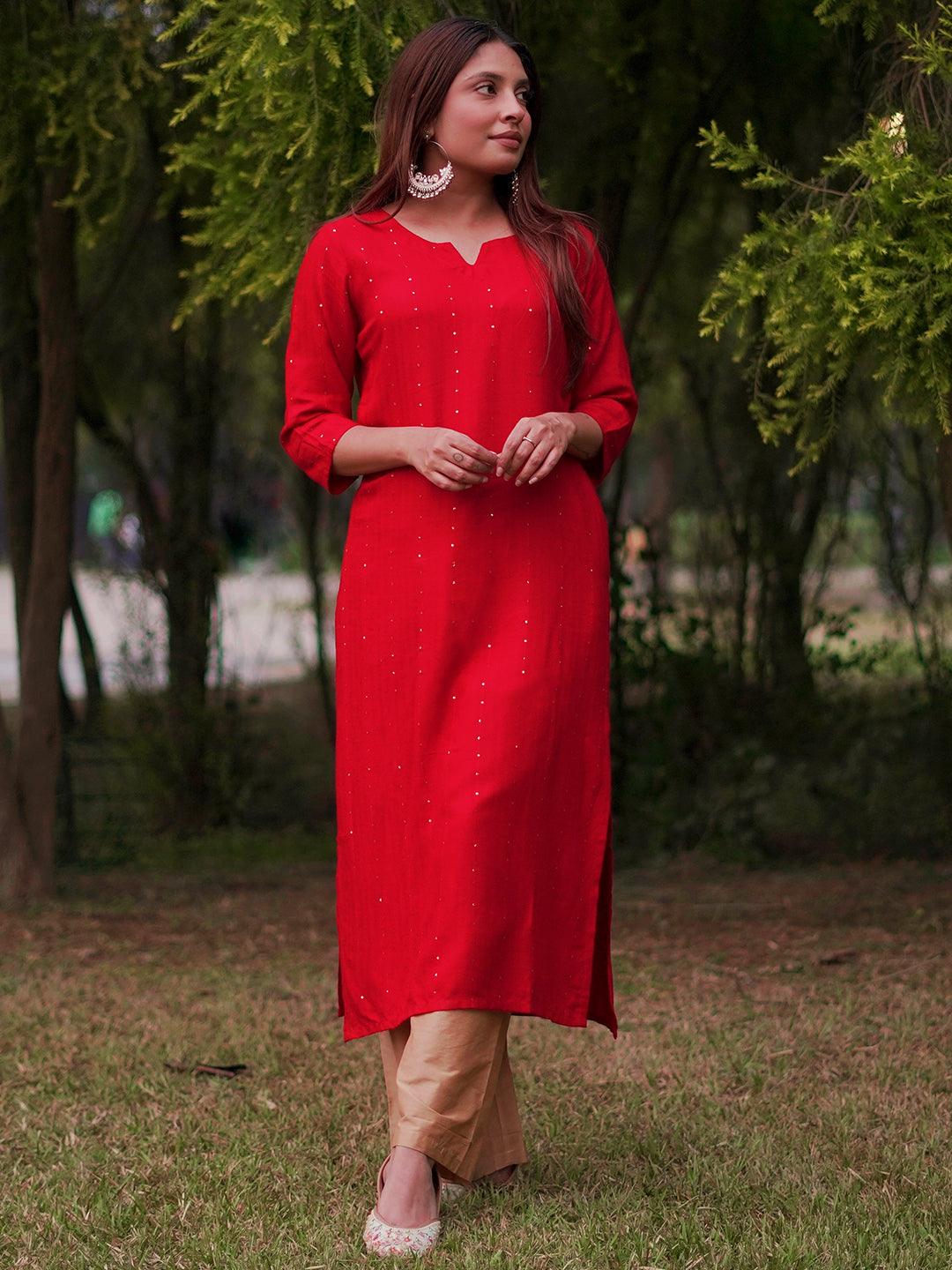 Red Embroidered Rayon Straight Kurta - ShopLibas