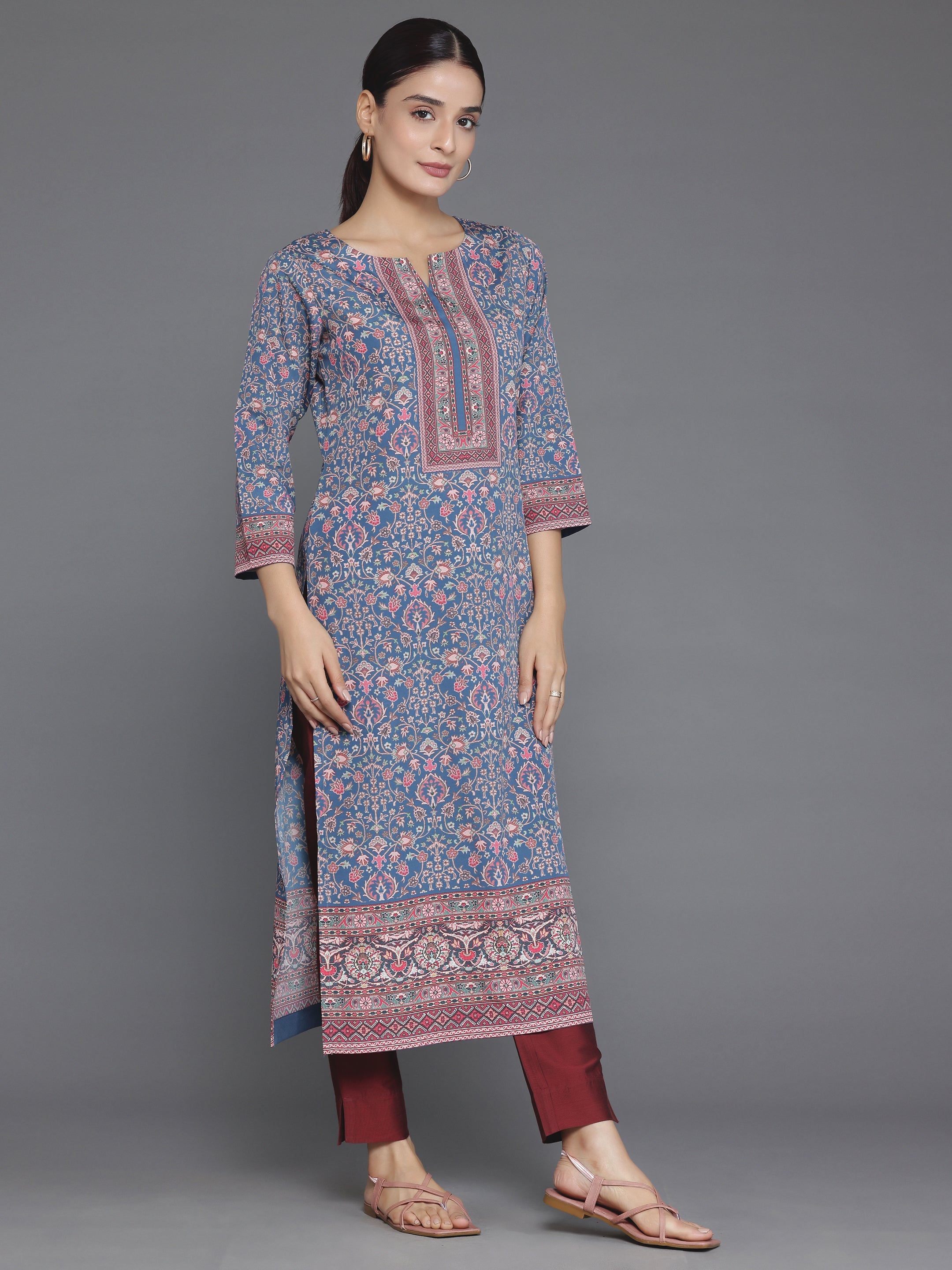 Blue Printed Crepe Straight Kurta