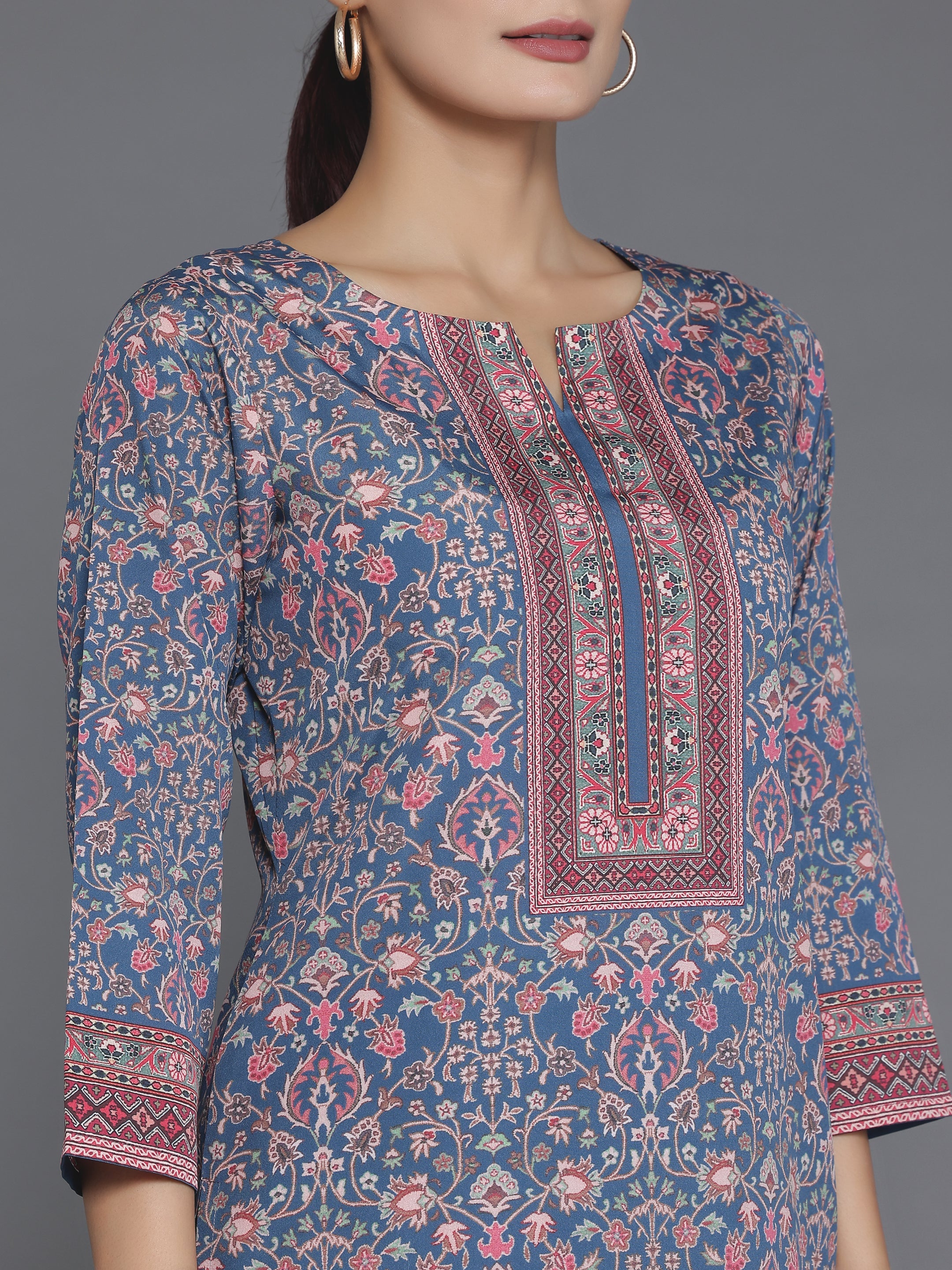 Blue Printed Crepe Straight Kurta