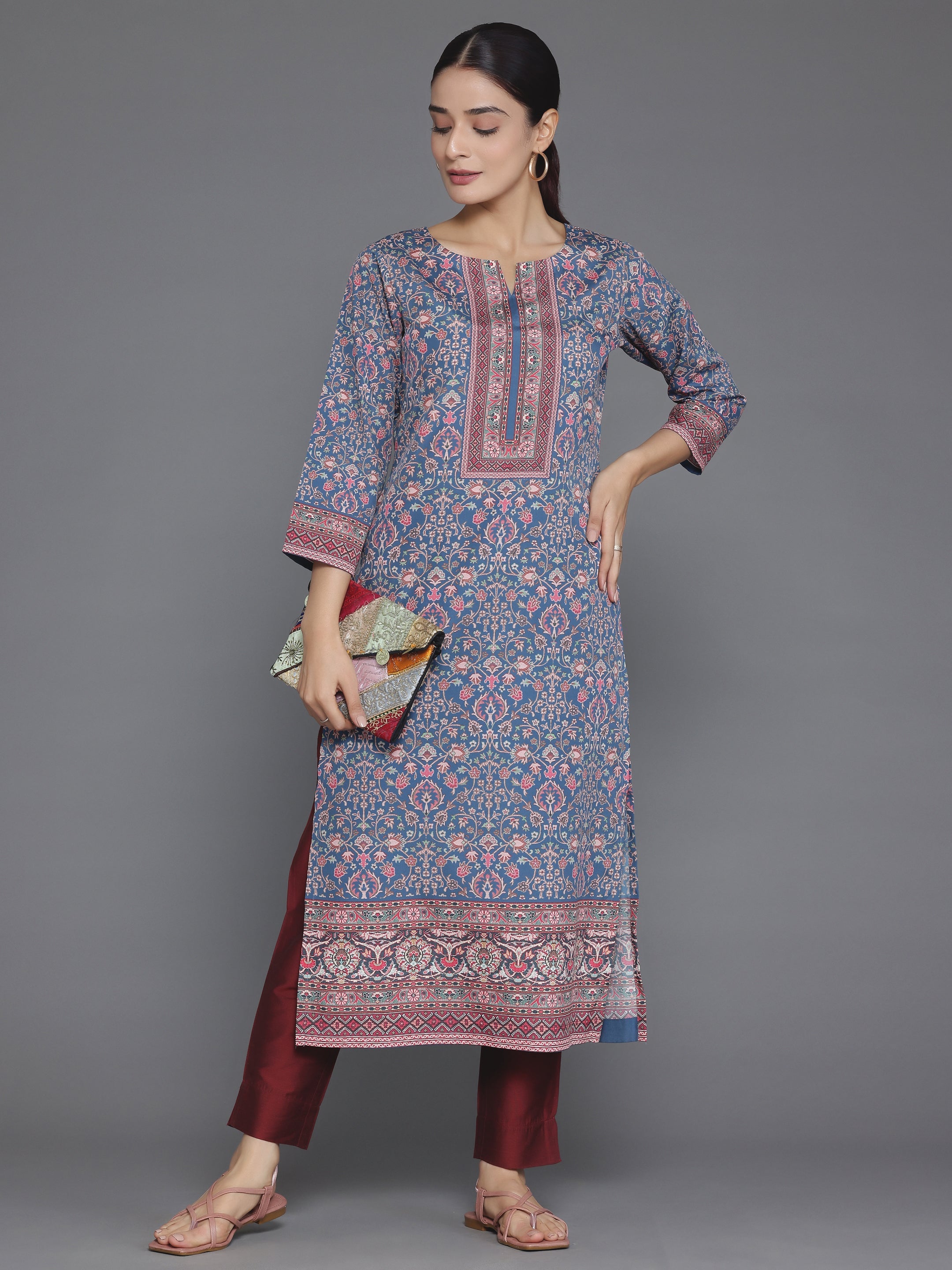 Blue Printed Crepe Straight Kurta