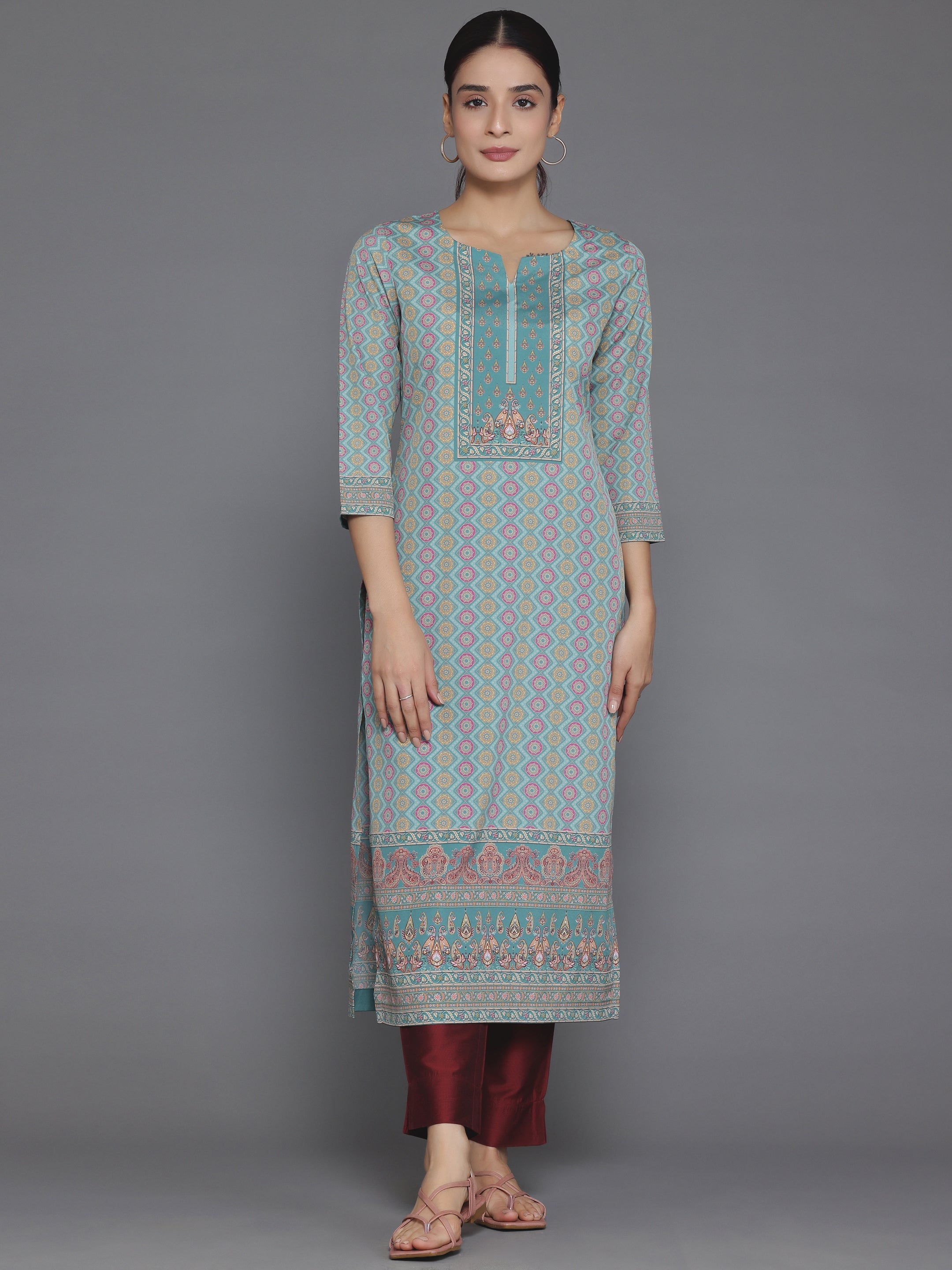 Green Printed Crepe Straight Kurta