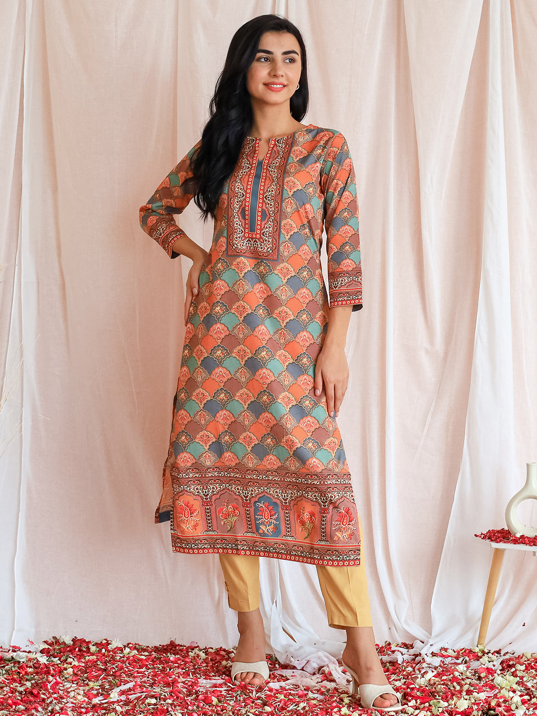 Multi Printed Crepe Straight Kurta