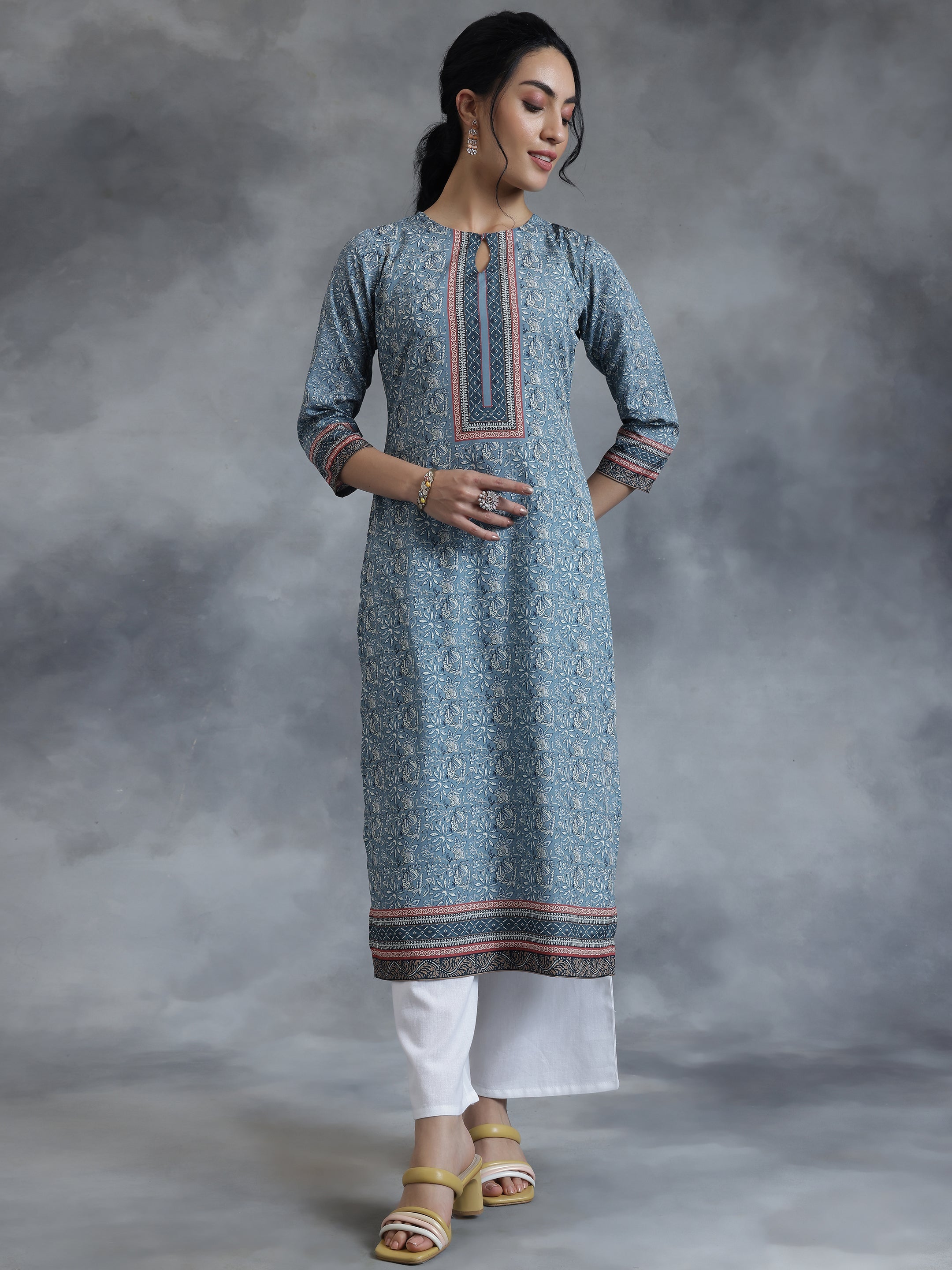 Grey Printed Crepe Straight Kurta