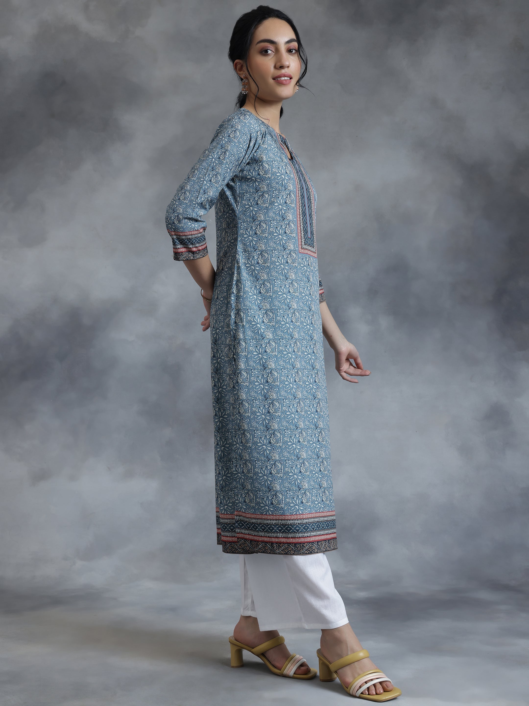 Grey Printed Crepe Straight Kurta