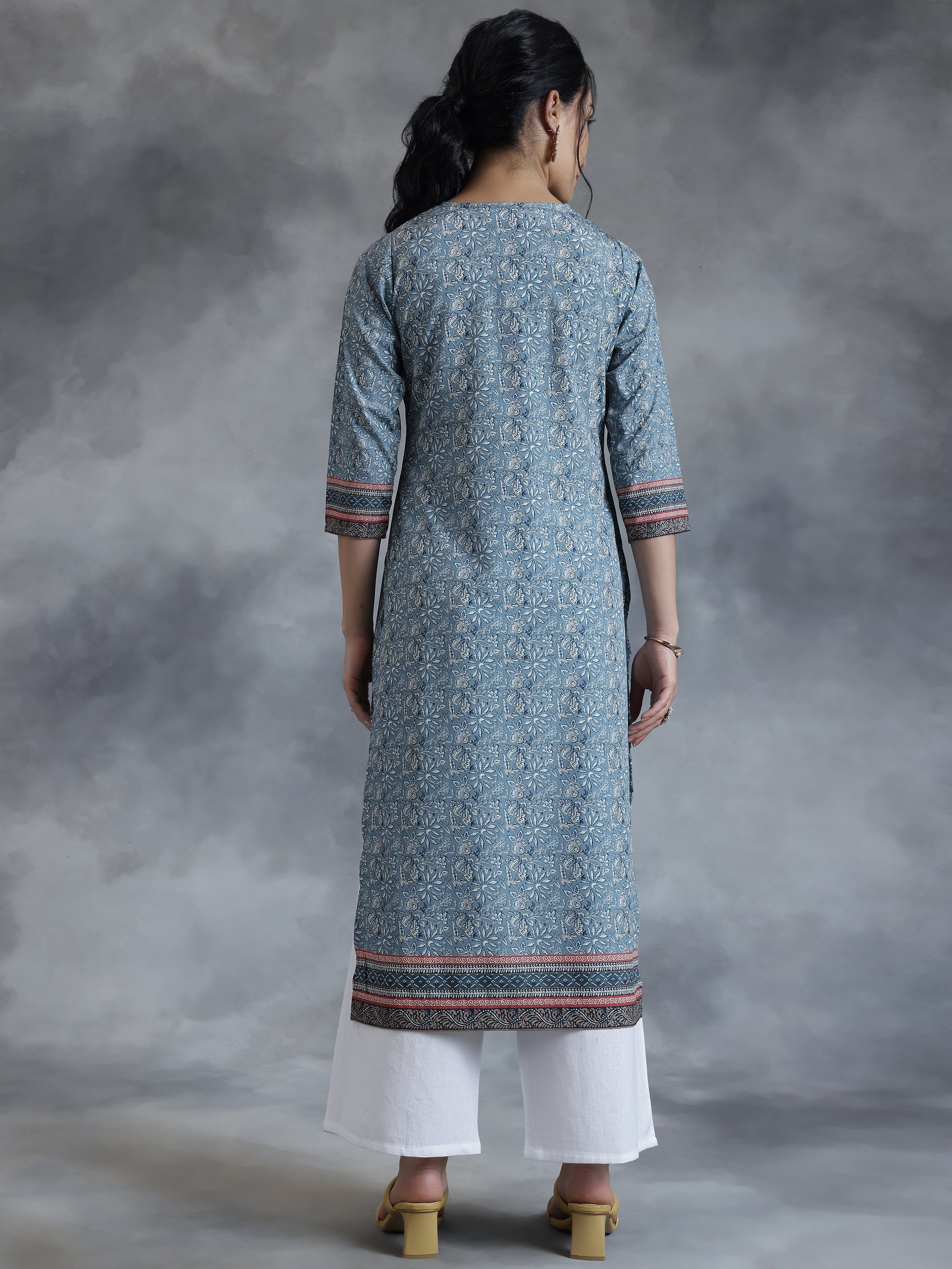 Grey Printed Crepe Straight Kurta