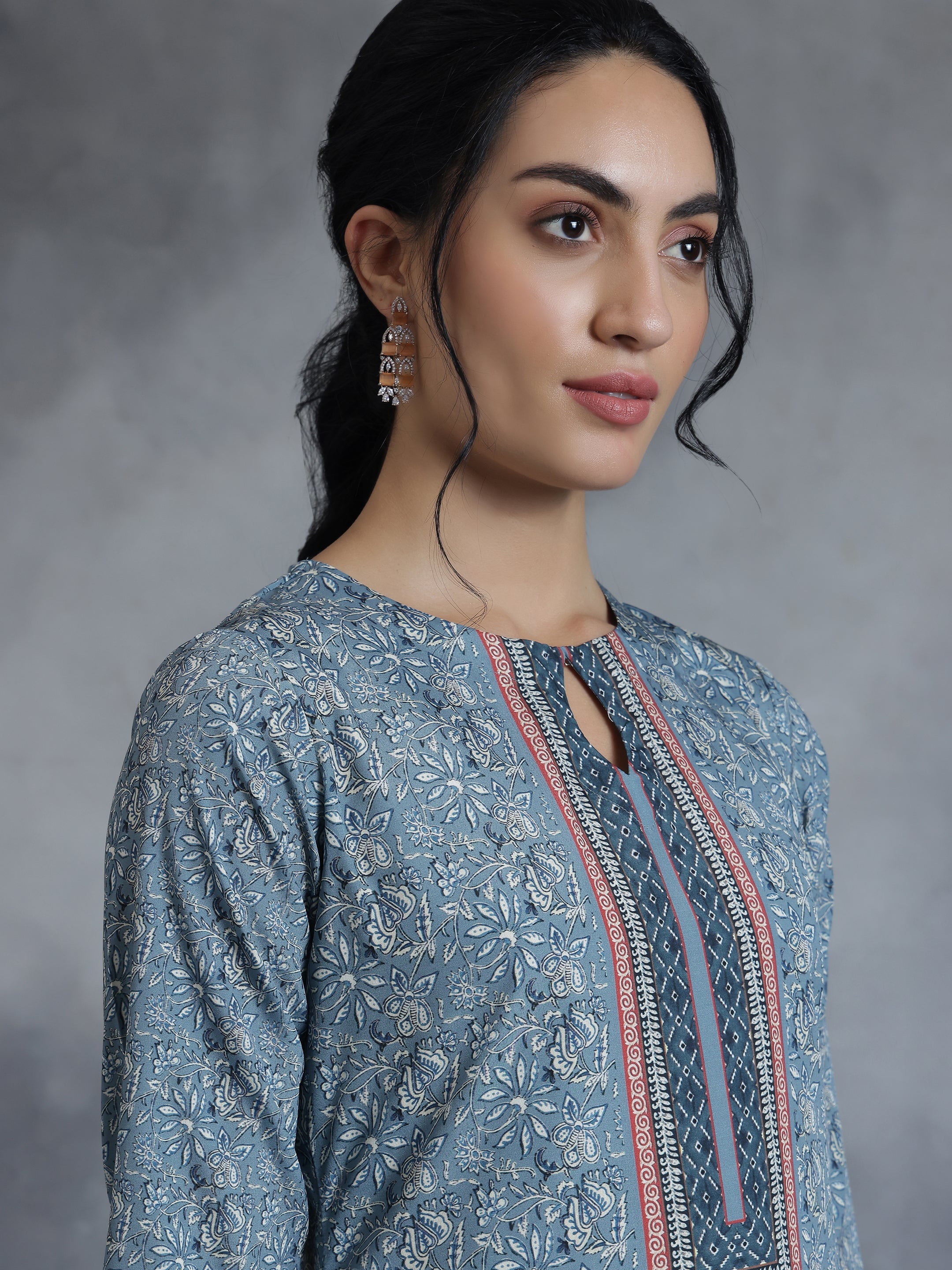 Grey Printed Crepe Straight Kurta