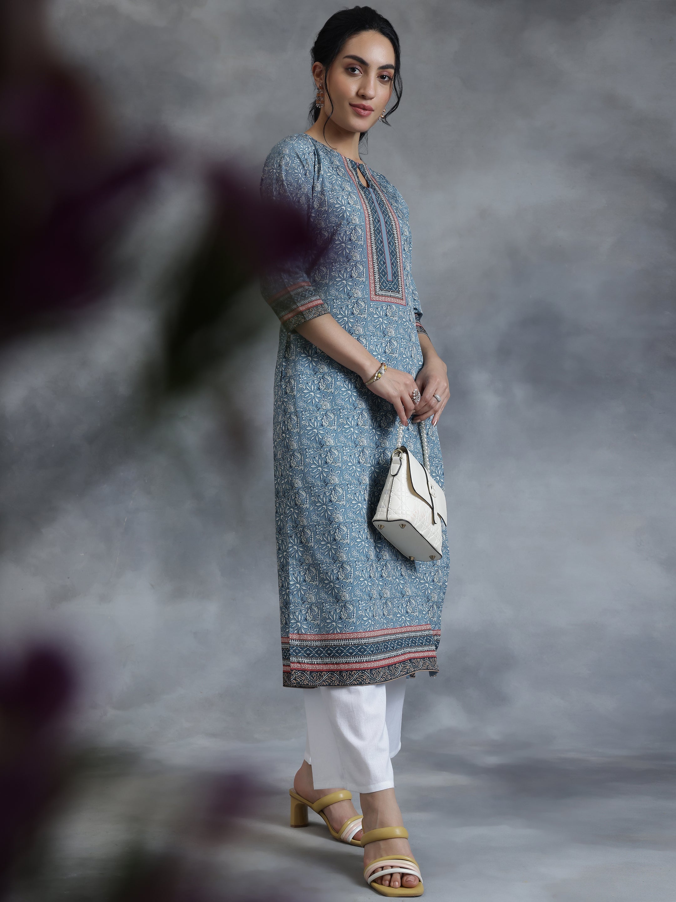 Grey Printed Crepe Straight Kurta