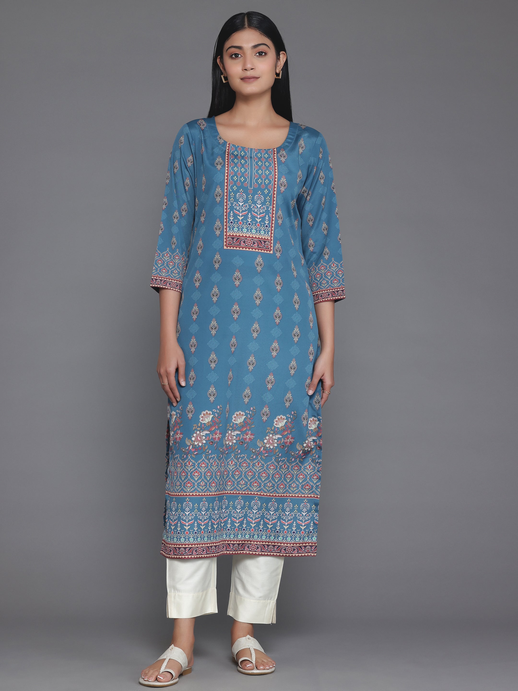 Teal Printed Crepe Straight Kurta