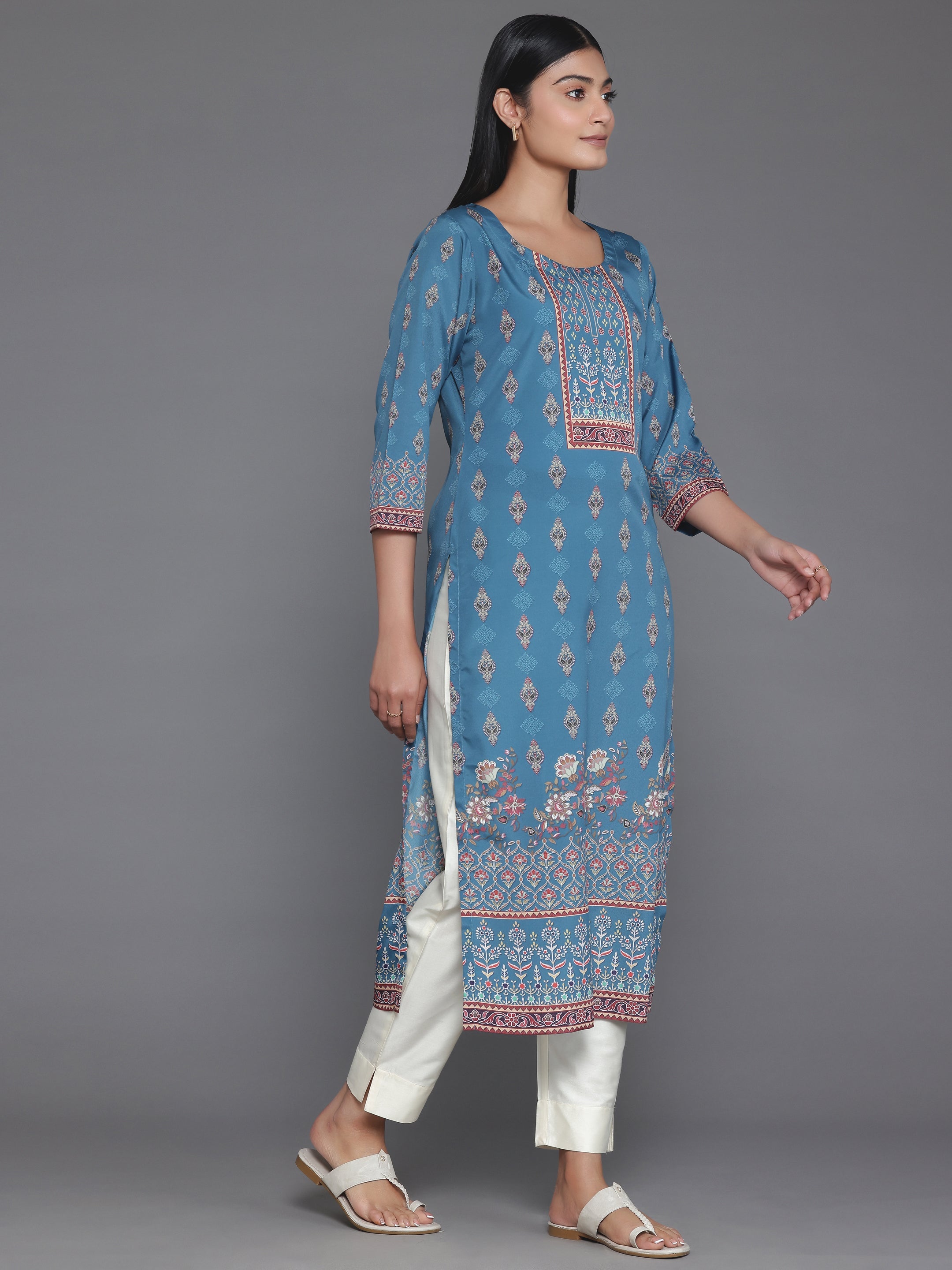 Teal Printed Crepe Straight Kurta