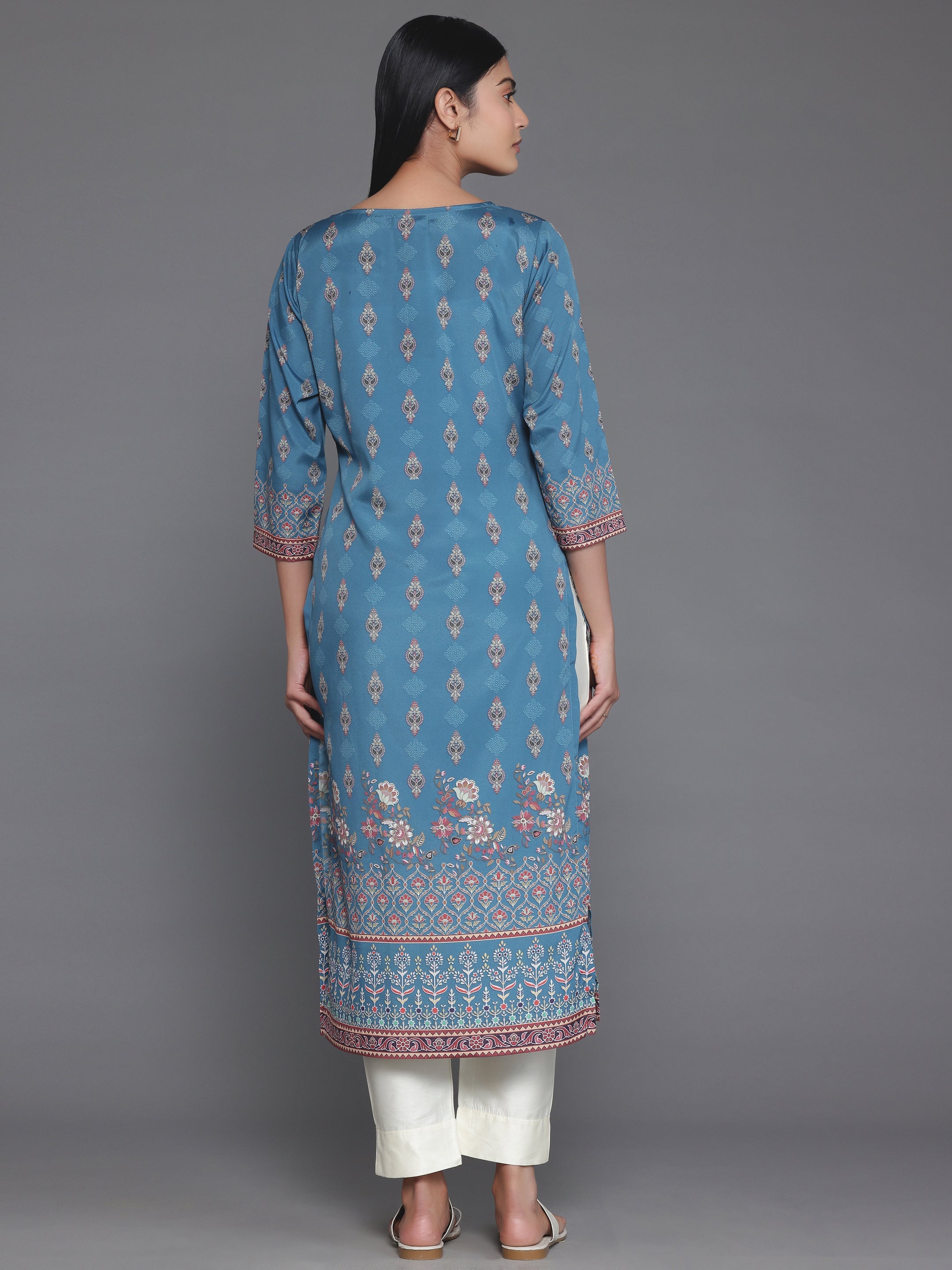 Teal Printed Crepe Straight Kurta