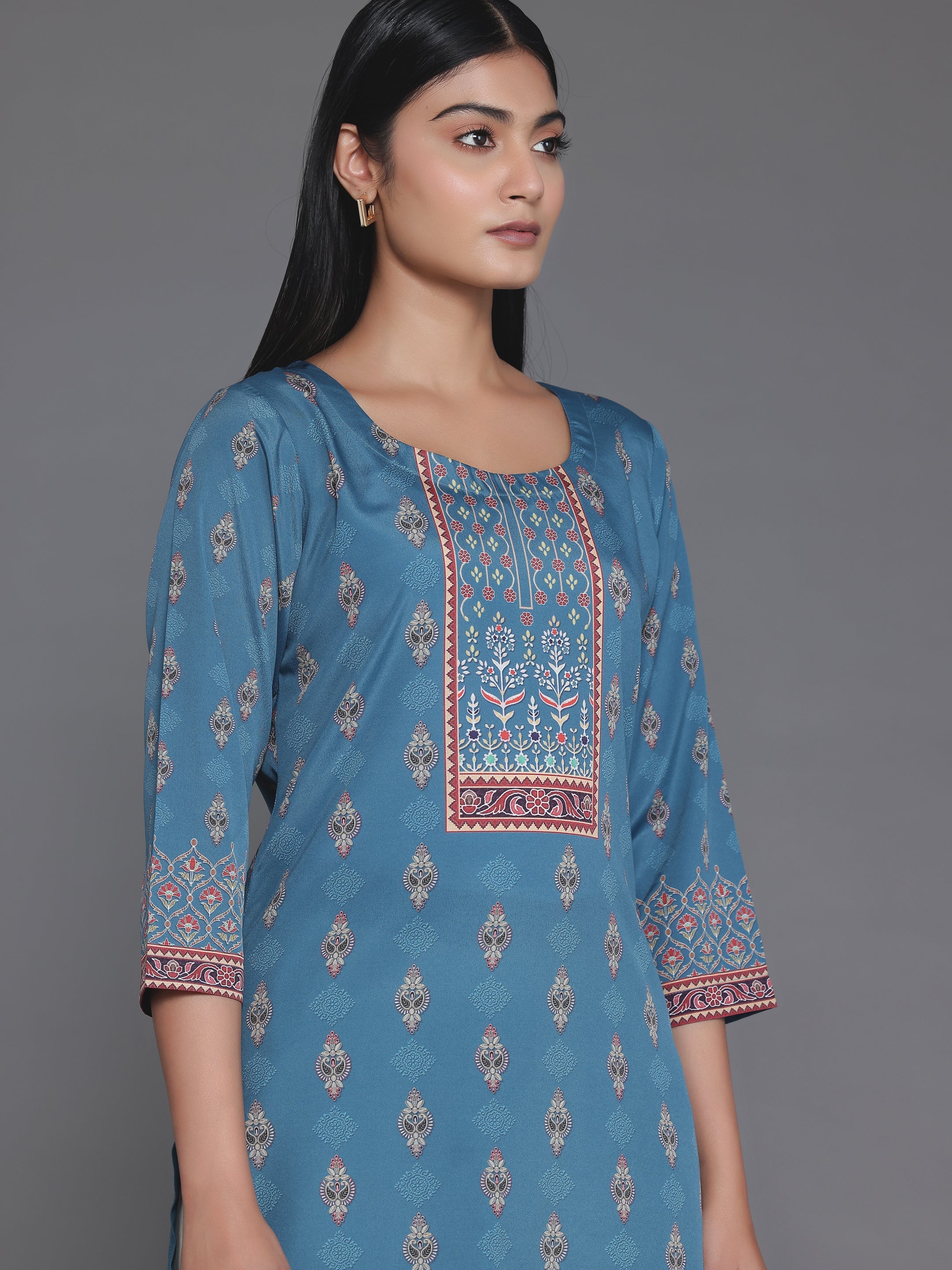 Teal Printed Crepe Straight Kurta