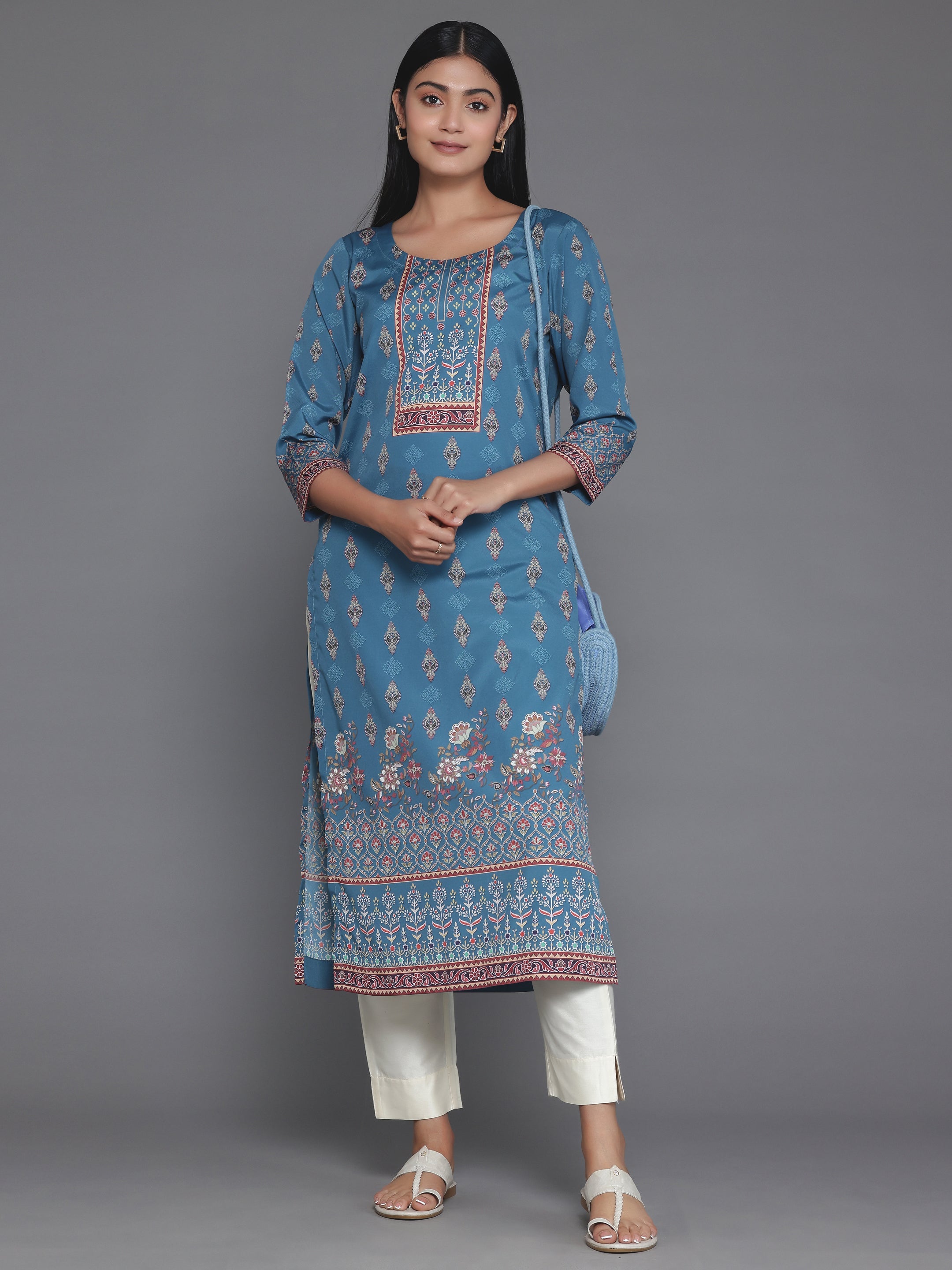 Teal Printed Crepe Straight Kurta