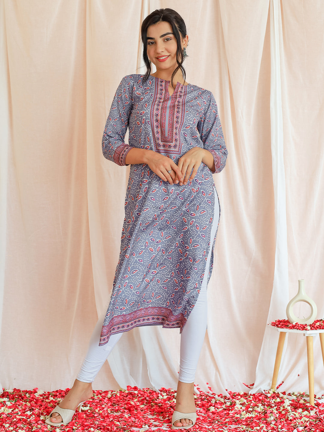 Lavender Printed Crepe Straight Kurta