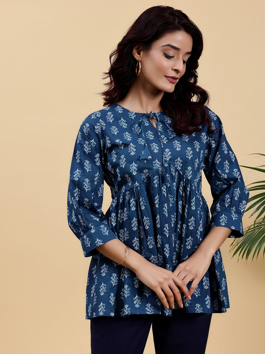 Blue Printed Cotton A-Line Kurti