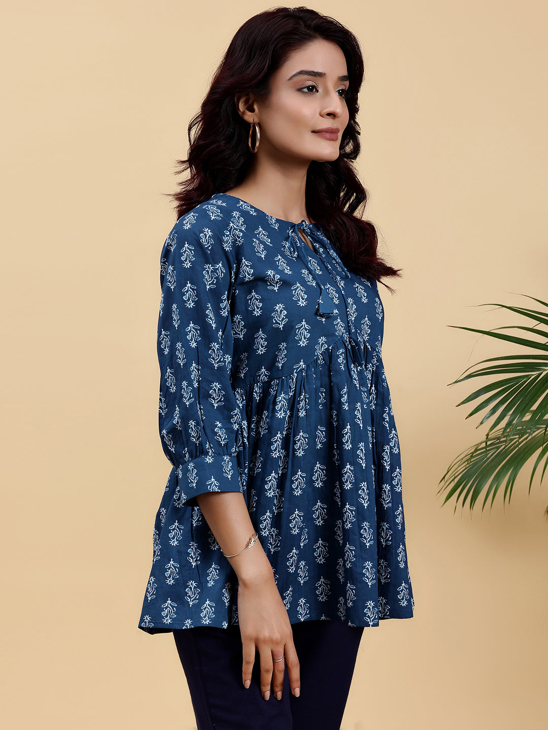 Blue Printed Cotton A-Line Kurti