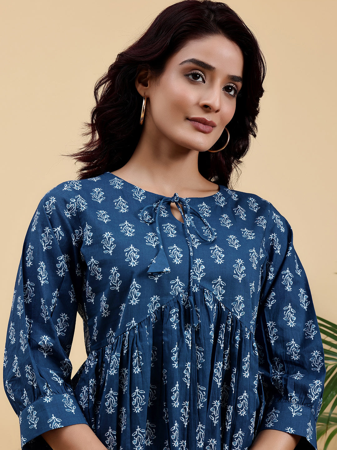 Blue Printed Cotton A-Line Kurti