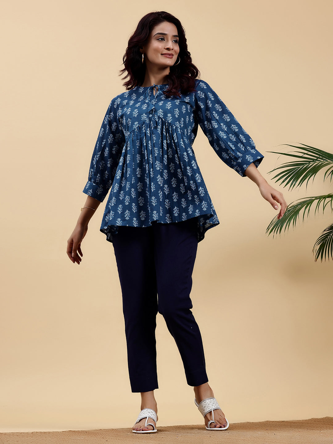 Blue Printed Cotton A-Line Kurti