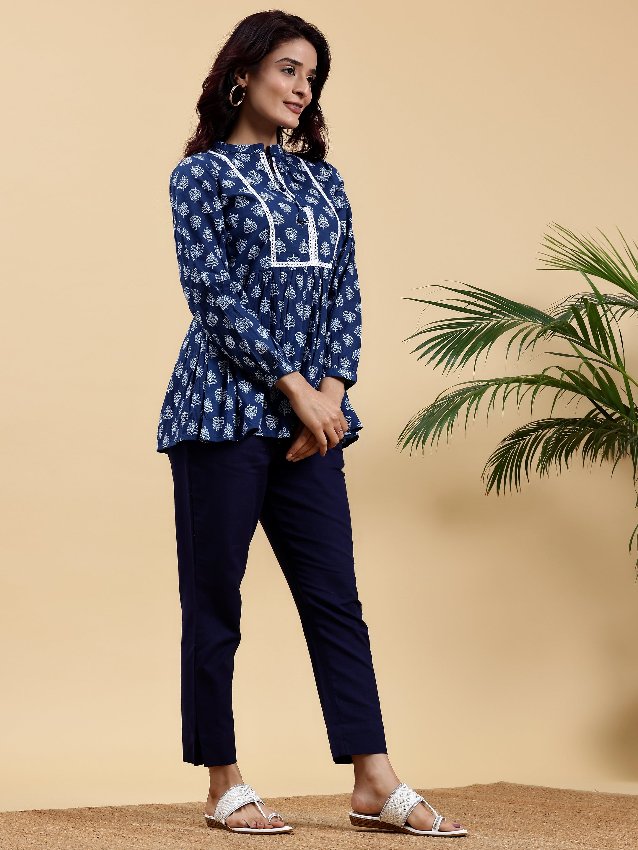 Blue Yoke Design Cotton A-Line Kurti