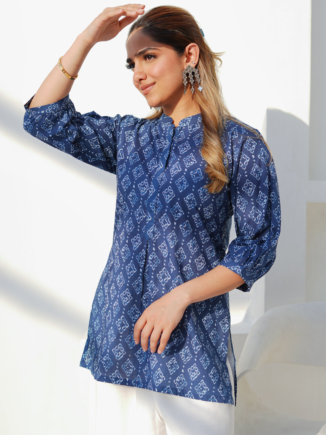 Blue Printed Cotton A-Line Kurti