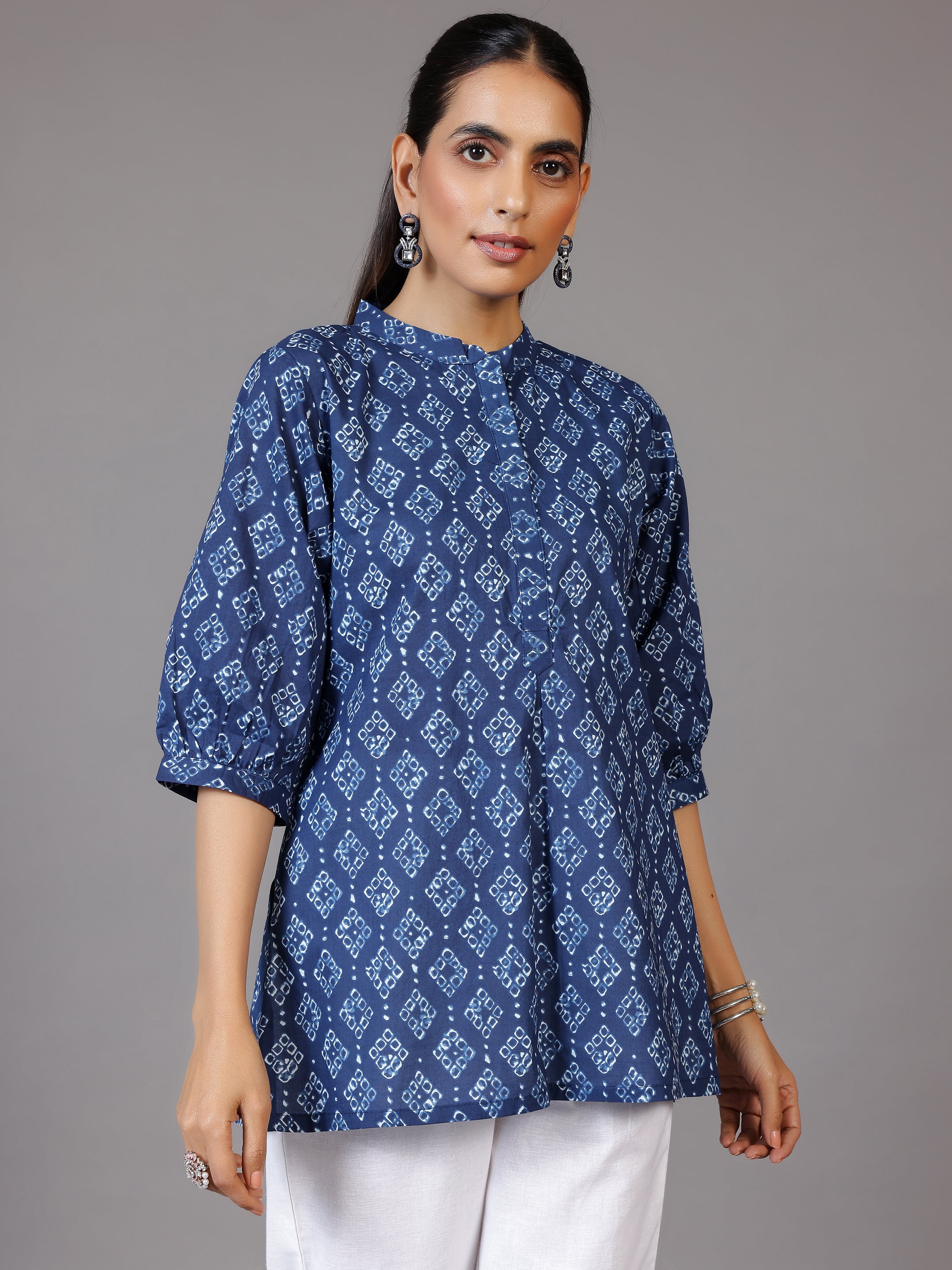 Blue Printed Cotton A-Line Kurti