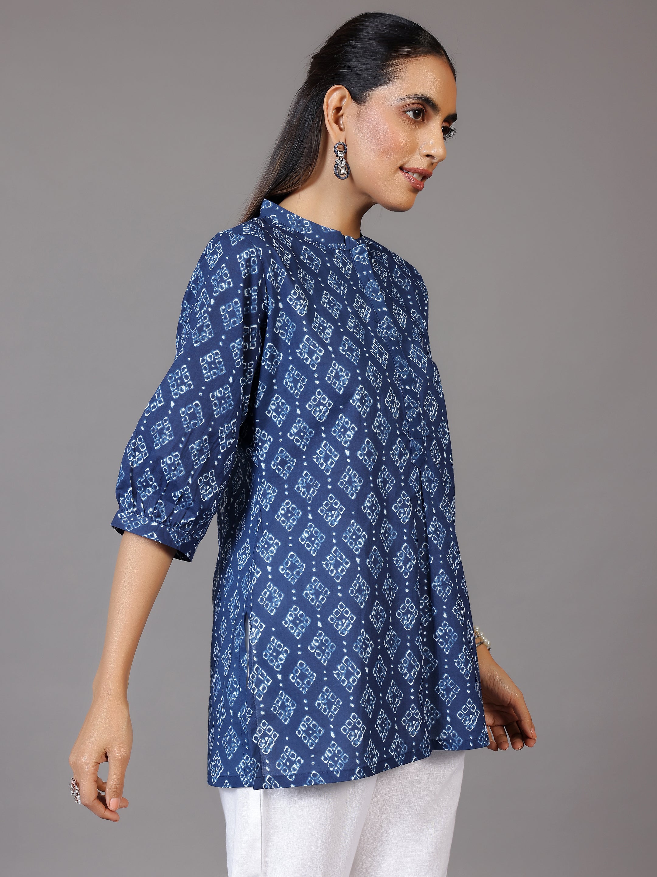 Blue Printed Cotton A-Line Kurti