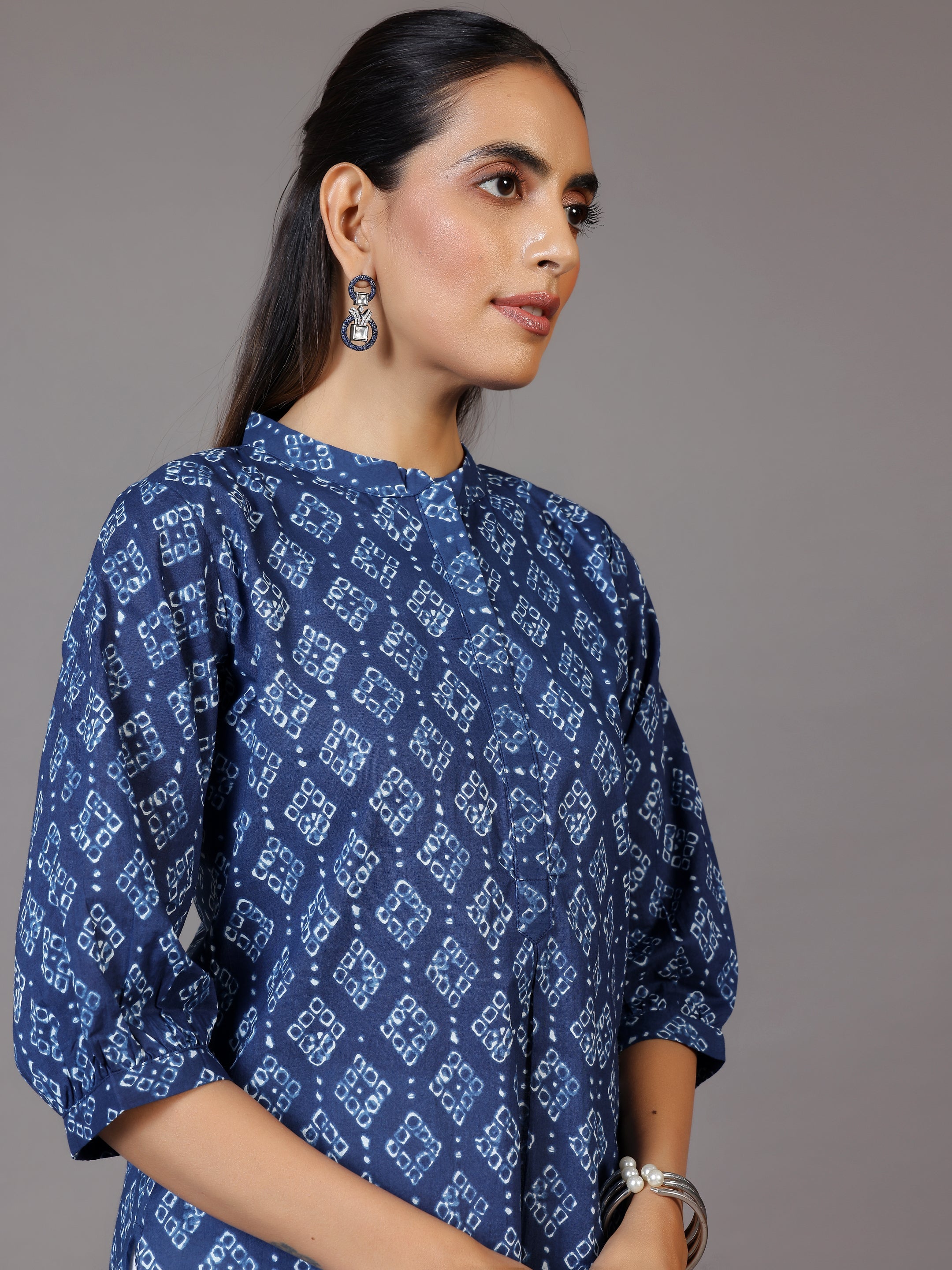 Blue Printed Cotton A-Line Kurti