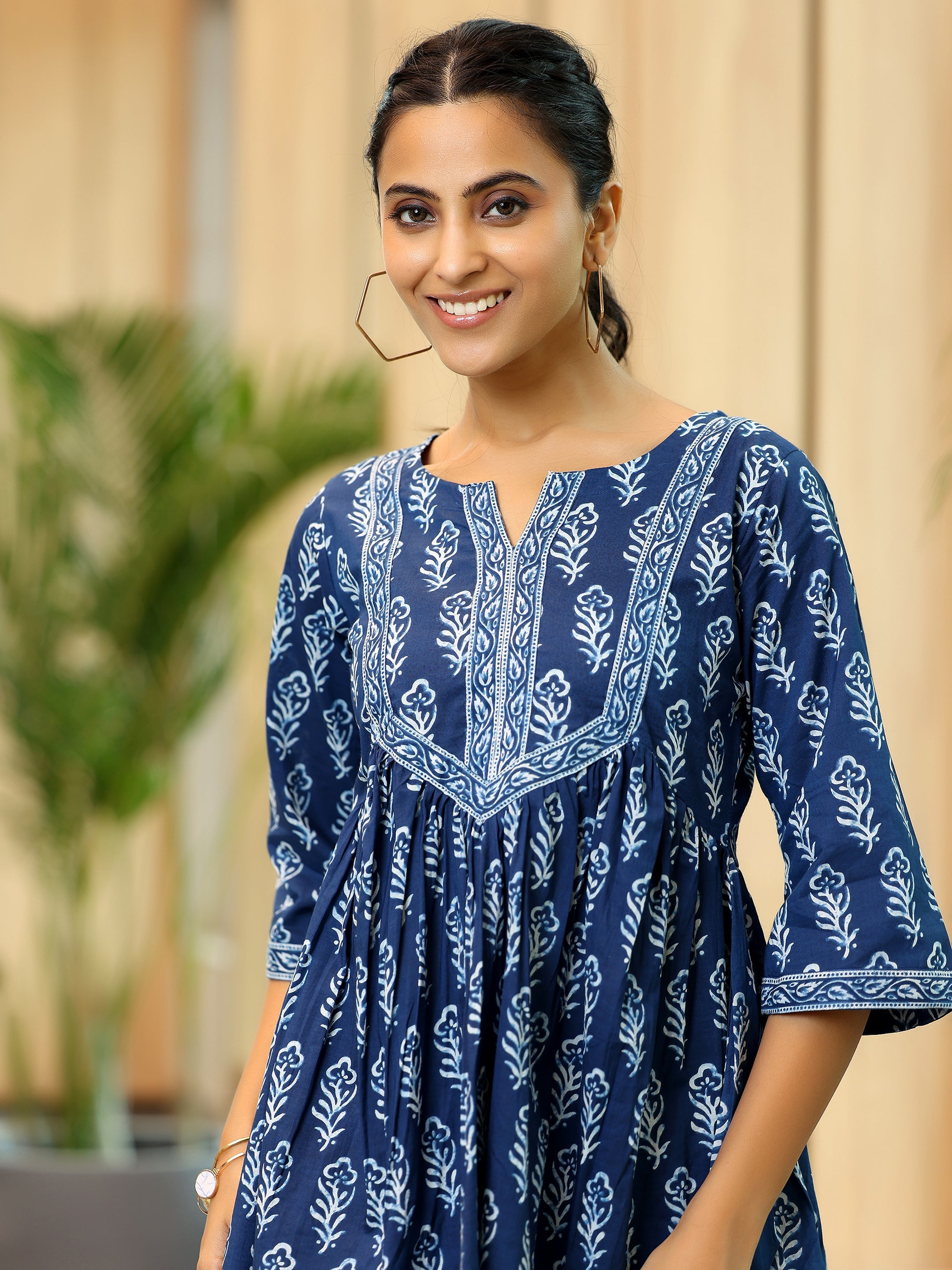 Blue Printed Cotton A-Line Kurti