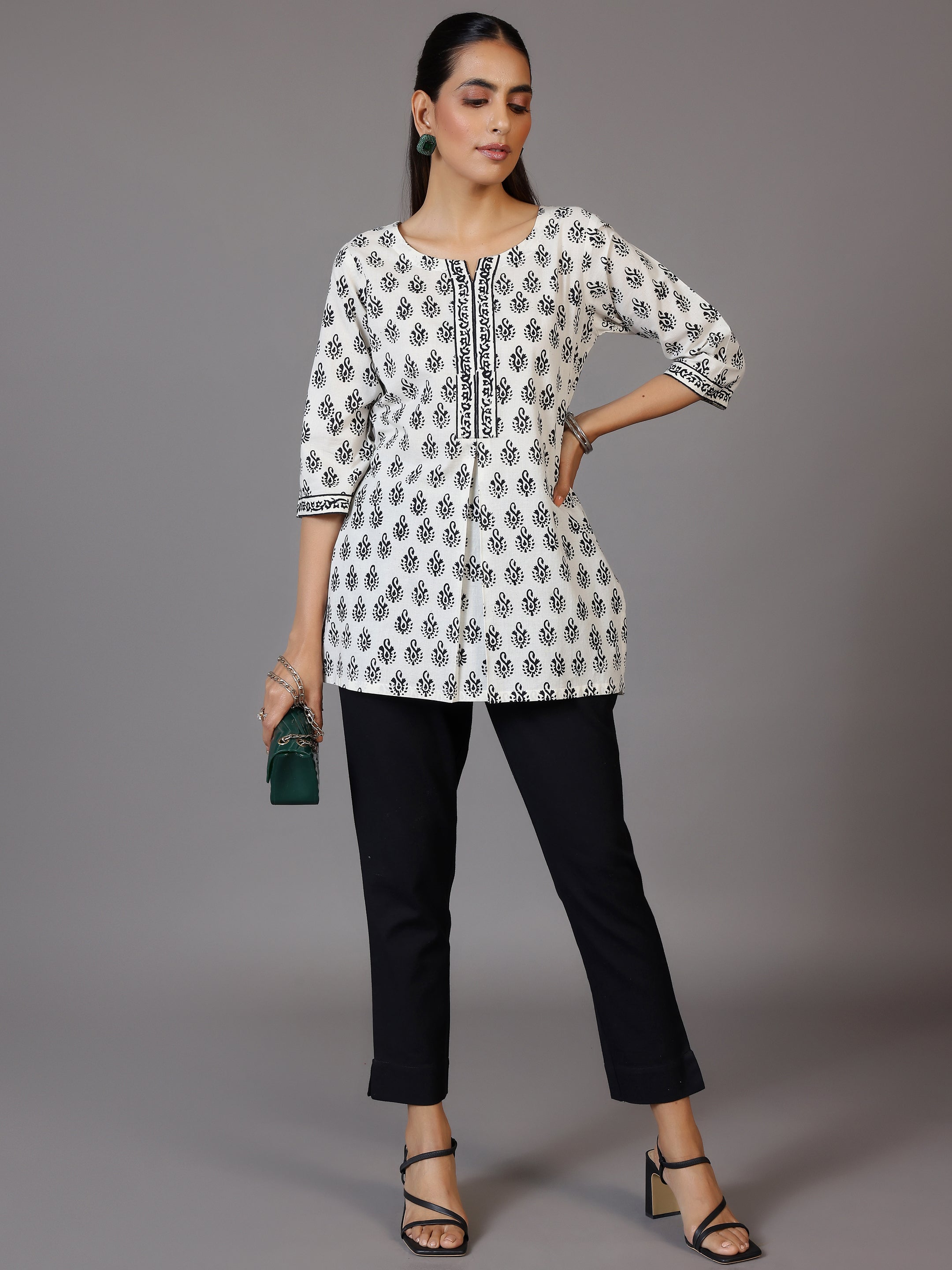 White Printed Cotton Straight Kurti