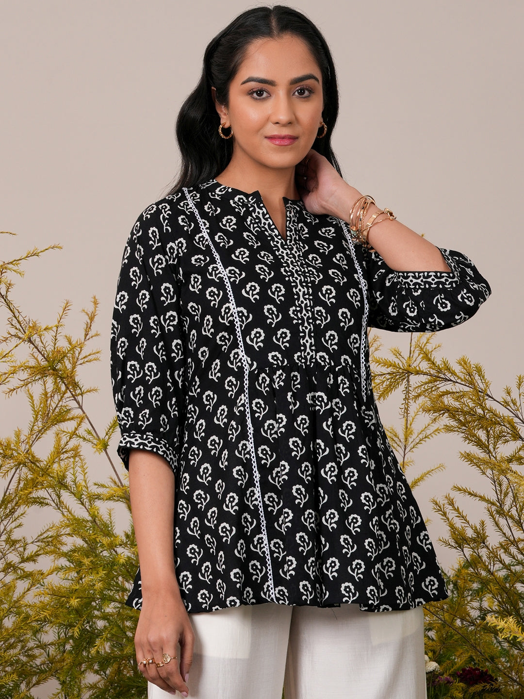 Black Printed Cotton A-Line Kurti